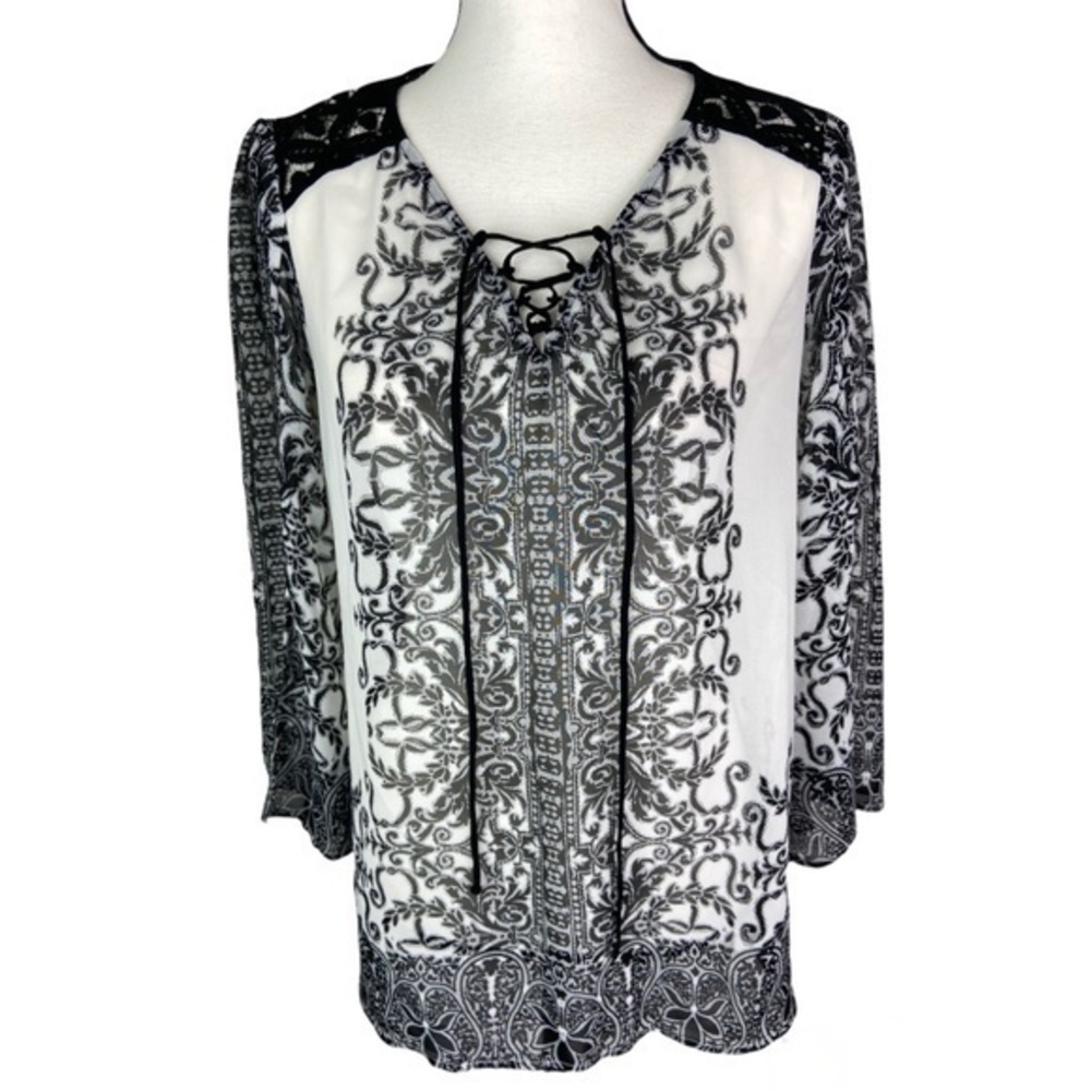 Roz & Ali Top Size Medium Black White Lace Shoulders and Back Sheer Blouse Top